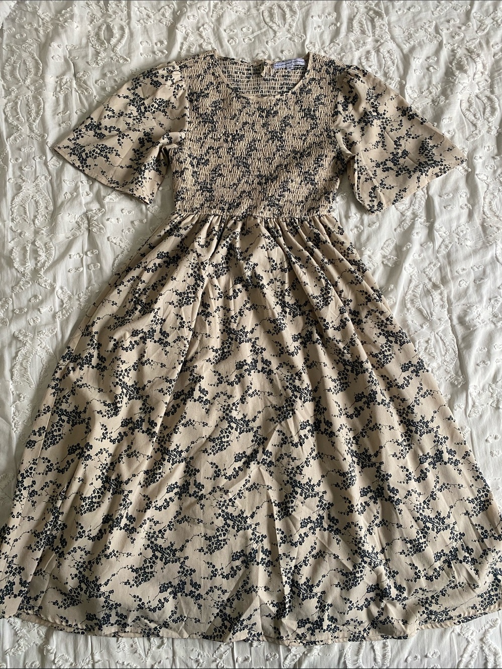 Smocked Waist Beige Floral Midi Dress